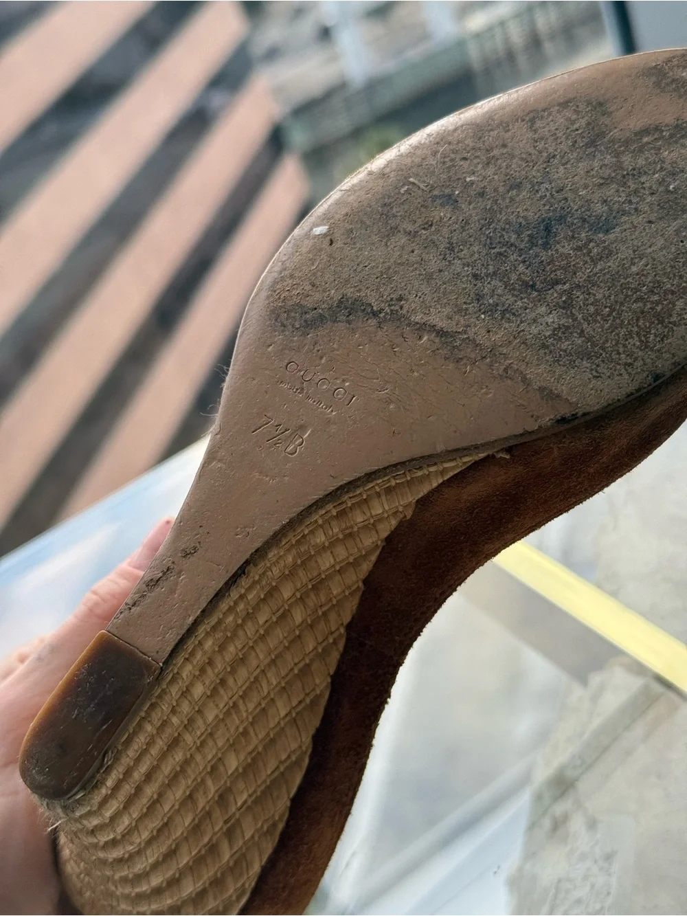 Gucci Brown Suede Peep-Toe Wedge Sandals with Gold US 7.5